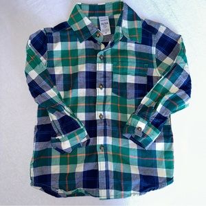 Carter’s Long Sleeve Button Up Flannel Spring Colors Blue Green & Orange 3T